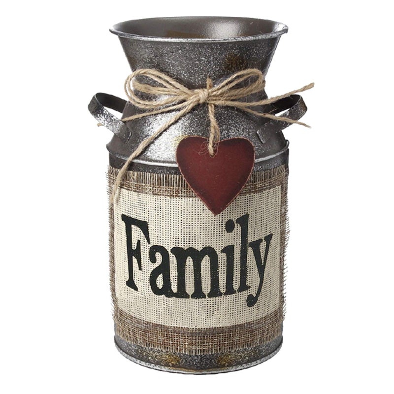HIDERLYS 7.5" High Rustic Decorative Vase with Greetings and Rope Design, Metal Milk Can Country Jug for Living Room, Bedroom, Kitchen(Family) - Image 1